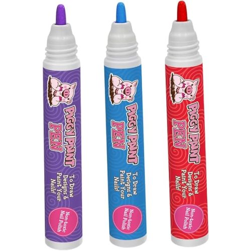 Piggy Paint | 100% Non-Toxic Girls Nail Polish Pen Marker | Safe, Cruelty-free, Vegan, & Low Odor for Kids |3-pack Princess Pop Piggy Pen Bundle - PURPLE Power, Blazin' BLUE, Razzle RED