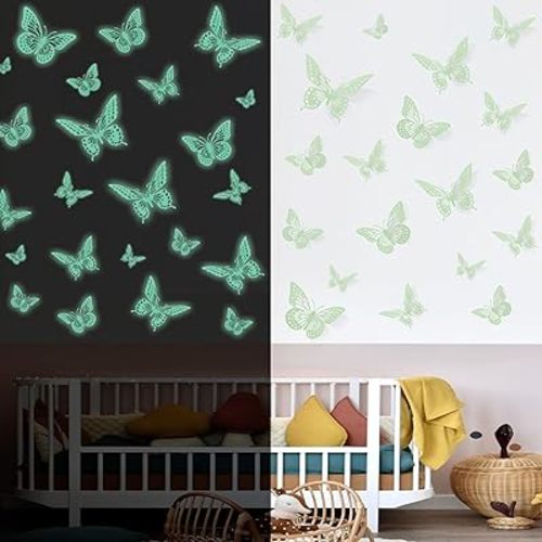 SAOROPEB Glow in The Dark 3D Butterfly 24 Pcs 3 Sizes, Luminous Butterfly Stickers for Ceiling or Wall, Glow in The Dark Party Supplies, Removable Luminous Stickers for Kids Babys Nursery (Green)