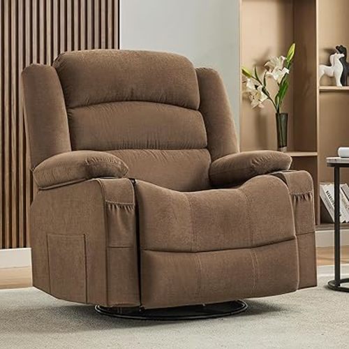 Oversized Recliner Chair with Heat and Massage, 360° Swivel Nursery Rocking Chairs for Adults, Recliner Single Sofa Seat with Cup Holders, Lazy Boy Recliner Single Sofa (Oversized Manual, Brown)
