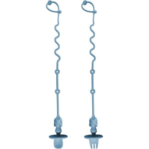 4PK Baby Spoon and Fork with Holder Straps for Kids Aged 6+ Months Self Feeding, No Throw Toddler Travel Essential Leash for High Chair or Bib or Wrist, Silicone Baby Led Weaning Supplies (Ether)