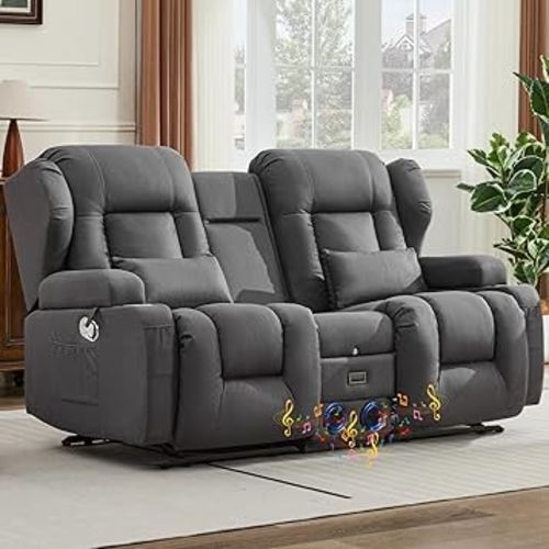 IPKIG 68" Loveseat Recliner Sofa, Manual Rocker Reclining Couch with Fold Down Console, Side Pocket, Bluetooth Speaker, Built-in Outlets, Rocker Chair for Nursery, Living Room, Home Office (Dark Grey)