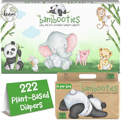 Bambooties Bamboo Baby Diapers, Totally Chlorine Free for Sensitive Skin for Newborns to XXL. Hypoallergenic & Non Toxic Eco Friendlier Plant-Based Materials. TCF Small Size 1 to 2 (222 ct)