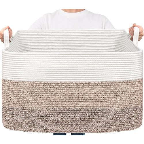 Goodpick Large Woven Blanket Basket 23.6" x 15.7" x 13.8" Cotton Rope Storage Organizer for Dirty Clothes Pillows, Soft Toy Storage Basket for Nursery Home Decor, White & Light Brown