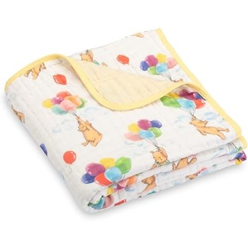 LollyBanks Muslin Baby Blanket, 100% Organic Cotton Breathable Muslin Quilt, Large 47 x 47 Inches 6 Layers Newborn Blanket for Boys and Girls, Soft and Lightweight Infant Quilt (Bear Balloon Print)