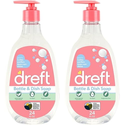 Dreft Baby, Bottle and Dish Soap, Removes Milk Film & Odor, Plant Based, Fragrance Free, Travel Size Bottles, 24 Fl Oz (Pack of 2)