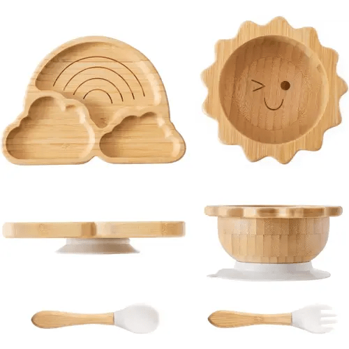 Bamboo Suction Plates Bowls Set for Baby Toddler Divided Platter Food bowl with Silicone Fork & Spoon All-Natural Baby Feeding Set for Baby-Led Weaning, Non-Slip Design