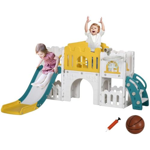 SEVOBAL Baby Activity Gyms 8-in-1 Toddler Slide Playset with Basketball Hoop Tunnel Climber Telescope Steering Wheel, Yellow, 70.1"*69.7"*39"