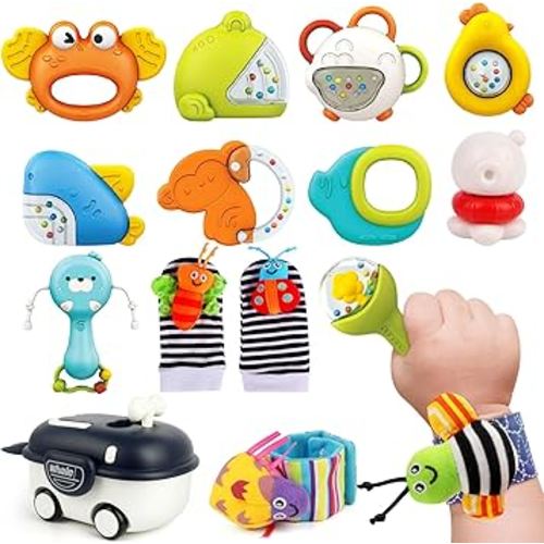 Baby Rattles 0-6 Months | Sensory Toys for Infants 6-12 Month, Wrist Rattle Socks, Foot Finder & Teething Toys | Newborn Toys Gift for Boys and Girls, Baby Shower Gifts Christmas Stocking Stuffers