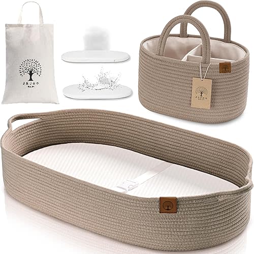 J&JOO Baby Changing Basket Set Includes Diaper Caddy - Waterproof Dual-Cover, Portable, Changing Pad for Dresser & Changing Table, Gift for Baby Shower, Cotton Rope Basket for Baby