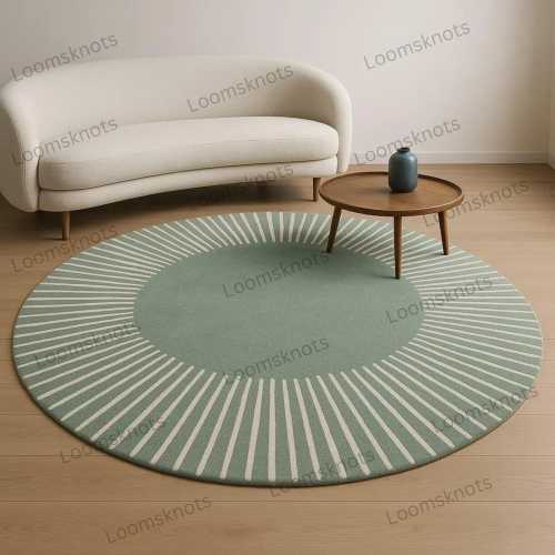 Hand-Tufted Wool Sunburst Rug: Sage Green Round Carpet