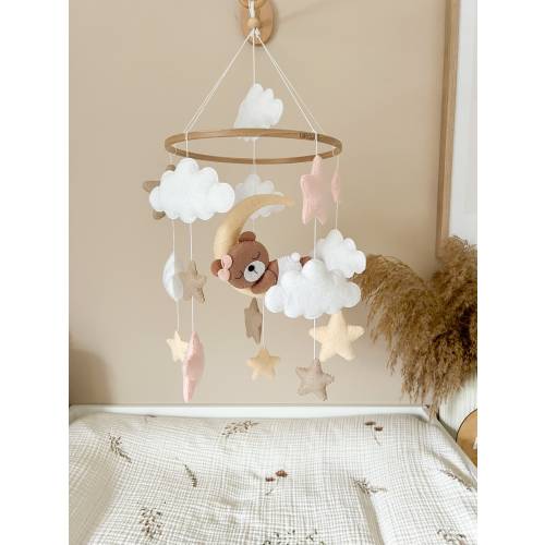 Baby mobile for crib with sleeping bear with pink bow, moon, pink stars, clouds, handmade, felt, beige, gift, baby shower.