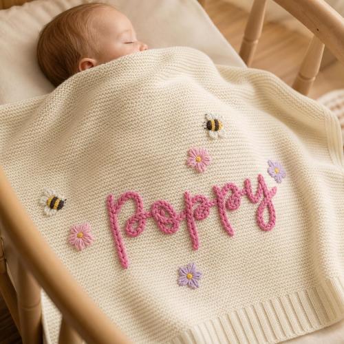 Custom Hand Embroidered Name Baby Knit Blanket, Soft Organic Cotton Heirloom Newborn Nursery Keepsake