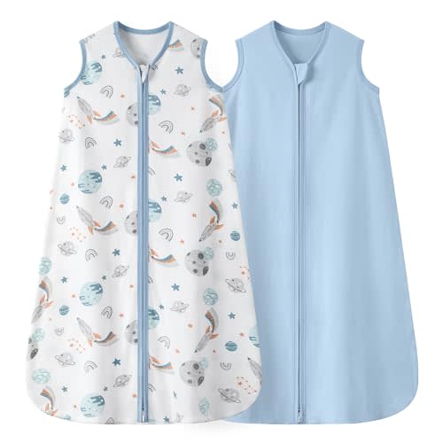 Baby Sleep Sack 0-6 Months 0.5 TOG, 100% Cotton Baby Wearable Blanket 2 Pack with 2-Way Zipper, Lightweight Sleep Bag for Boys ＆ Girls Newborn Infant Breathable Sleeing Sack Blue Rokets