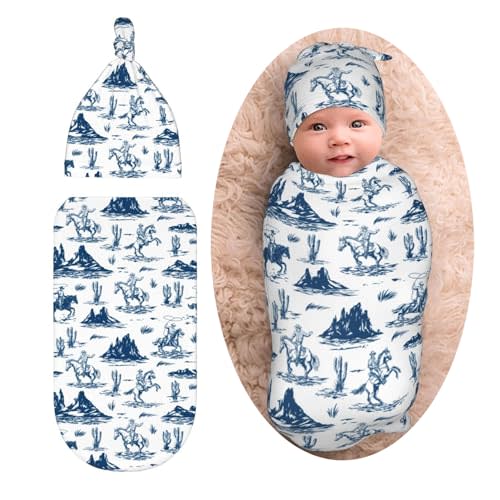 Western Cowboy Cactus Baby Stuff Newborn Baby Swaddle Blanket Wrap Blanket Soft with Beanie Hat Sets Gifts for Infant Boys Girls