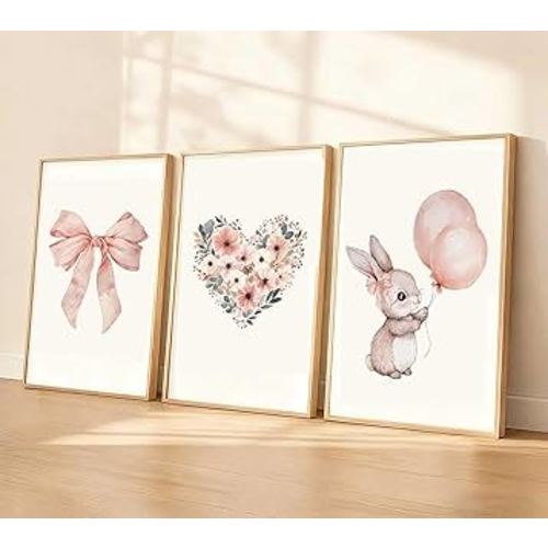 3 Pcs Nursery Bunny Wall art Love Wildflowers Painting Pictures Cute Animal Posters Prints Pink Girl Canvas Wall Decor for Girls and Boys Kids Room Baby Room Decor