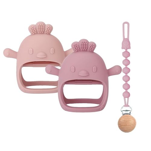 3 Packs Baby Teether Toy for 0-6 6-12 Months,Hold & Wear,BPA Free,Food Grade Silicone Teething Mitten, Anti Dropping Wrist Hand Teethers Baby Chew Toys for Sucking Needs(Pink & Dark Pink) - pink