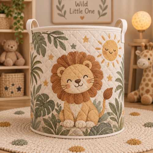 Safari Lion Quilt Laundry Basket, Jungle Nursery Storage Hamper, Kids Toy Clothes Organizer, Baby Safari Room Decor