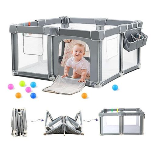 Foldable Baby Playpen 50"x50" with Mat, Out-of-The-Box Ready Playpen for Babies and Toddlers, with Breathable Mesh & Gates, Storage Bag & 4 Handlers