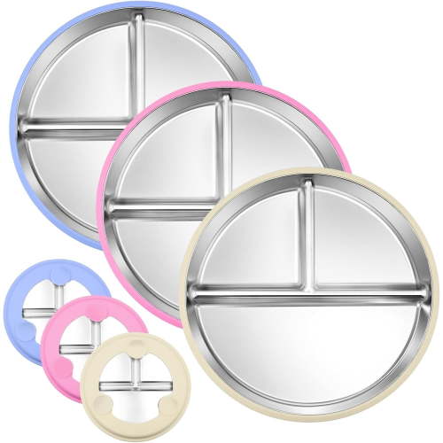 3-Pack Stainless Steel Baby Plates with Suction, BPA-Free Stainless Steel Kids Plates, 9” Divided Toddler Plate for Dishwasher Safe, Non-Slip Silicone Base, Detachable Design