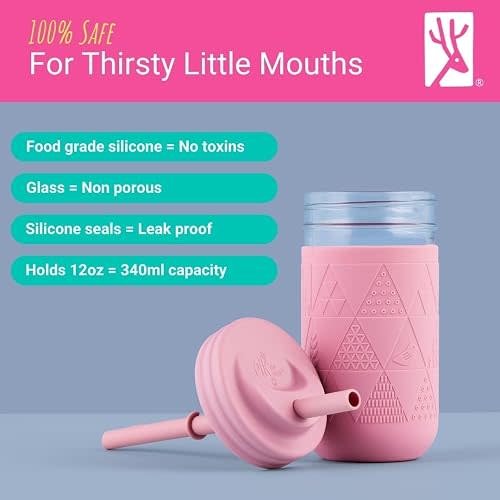 Elk and Friends Kids + Toddler Glass Cups | The Original 12oz Glass Mason Jar with Sleeves + Lids | Silicone Straws + Stopper | Smoothie Cup | Food Storage | Spill Resistant | Dishwasher Safe | 4 Pack