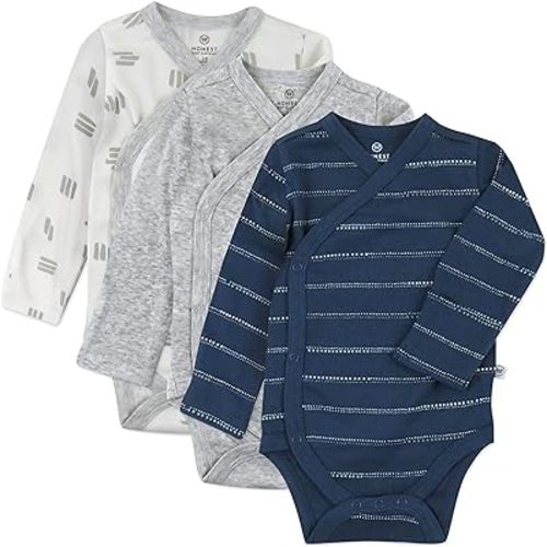 HonestBaby Baby 3-pack Long Sleeve Side-snap Kimono Bodysuits Organic Cotton for Infant Baby Boys, Girls, Unisex