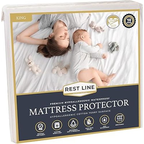 King Size 78x80” Premium Cotton Terry Waterproof Mattress Protector, 100% Cotton, Hypoallergenic, Cooling Mattress Pad Cover, Soft & Breathable Fitted Sheet Style up to 18" Deep - Rest Line