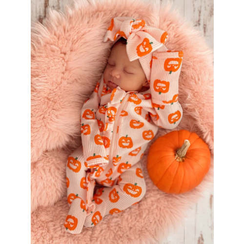 Organic Waffle Ruffle Zip Footie, Blush Jack-O-Lantern
