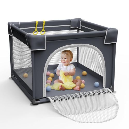 Playpen for Babies and Toddlers, 36"x36" Indoor & Outdoor Play Yard With Soft Breathable Mesh, Sturdy Safety Playard (Grey)