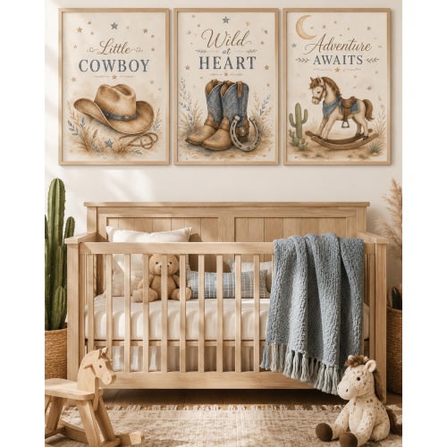 Vintage Cowboy Nursery Wall Art Set of 3, Western Baby Boy Printable, Little Cowboy Room Decor