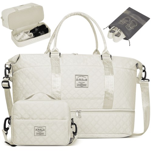 Travel Duffle Bag, Weekender Bags for Women with Shoe Compartment, Carry on Overnight Bag with Toiletry Bag and Shoes Bag, Gym Duffel Bag with Wet Pocket, Hospital Bags for Labor and Delivery, White