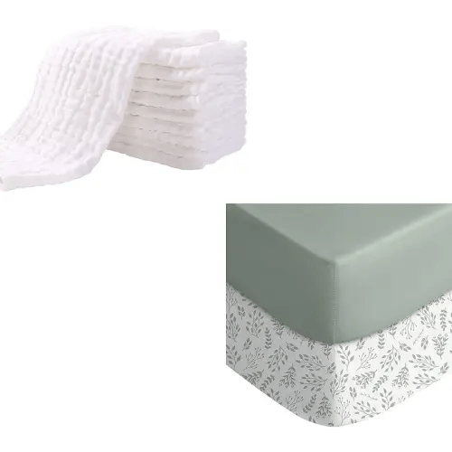 Yoofoss 10 Pack Muslin Burp Cloths for Baby 20''X10'' & 2 Pack Baby Crib Sheets for Boys Girls 28x52x8in(Green+Leaf)