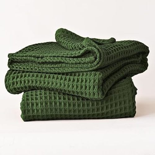Premium Waffle Bath Towels Pack of 2 Extra Large 35x71 inch - 100% Turkish Cotton, Waffle Weave, Quick Dry, Lint Free, Oversized, Thin Bath Sheet Towel (Dark Green, Set of 2 Bath Towels)