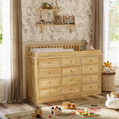 One Allium Way® Bradly 60'' W Solid Pine 12-Drawer Changing Table Dresser With Removable Tray, Ample Storage, And Child Safety Certification & Reviews | Wayfair