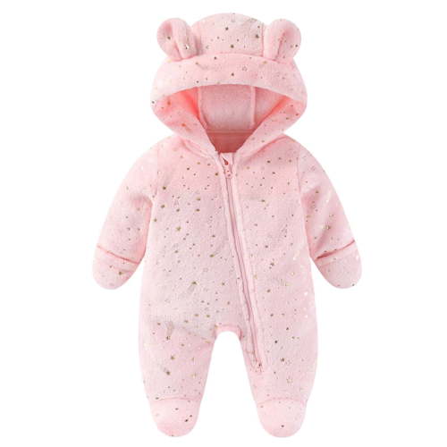 Lenpel Newborn Infant Fuzzy Fleece Snowsuits Winter Warm Printed Zip up Ear Hooded Jumpsuits Cute Plush Rompers for Baby Boys Girls(Pink,3-6 Months)