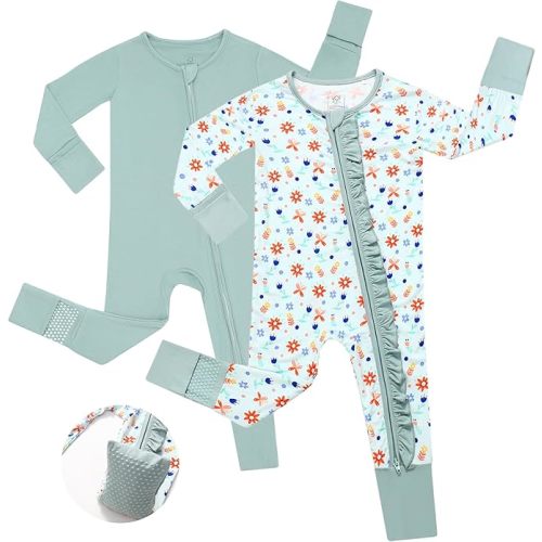 JunNeng Baby Girl Viscose from Bamboo Sleeper with Mitten Cuffs, 2 Way Zipper Romper, Sleep N' Play Pajamas 0-18 Months