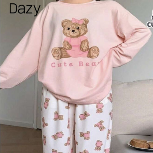 Dazy Plus Plus Size Bear Graphic Print Loose Matching Casual Top And Pants Pajama Set, Suitable For All Seasons, Fall Winter Clothes