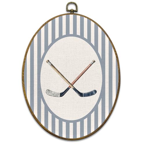 Mcehtle Hockey Sports Nursery Wall Art Decor, Sports Framed Canvas Prints 8.6x11.4, Retro Light Blue Striped Hockey Sticks Oval Home Wall Hanging Artwork Decorations for Kids Boy Nursery Room Bedroom