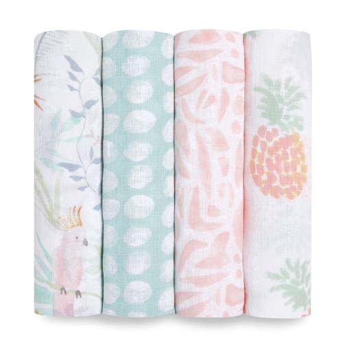 aden + anais Essentials, Cotton Muslin Swaddle Blanket, Tropicalia, Girls, Infants, 4-Pack
