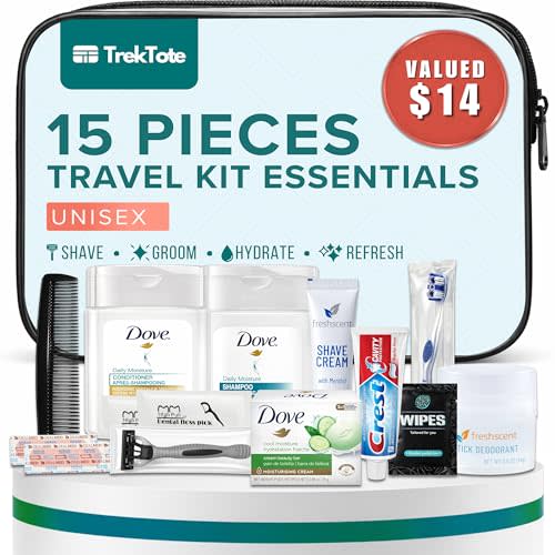 TrekTote Complete 15 Piece Unisex Travel Hygiene Kit with Toiletries & Personal Care Essentials, TSA-Compliant, Individually Packaged in Clear Bag, Single or Bulk Packs