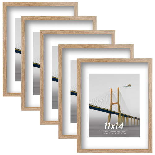 Scholartree 5-Pack Picture Frames, 8x10 with Mat & 11x14 Without Mat, Shatter-Safe Wall Gallery Set,Brown