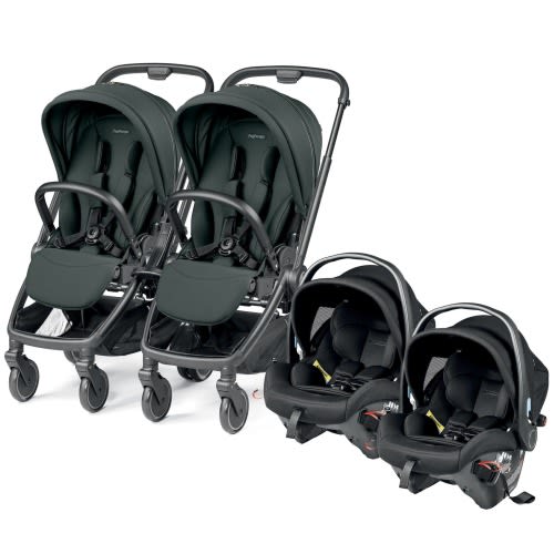 PEG City Loop Twin Stroller + Primo Viaggio Urban Mobility Baseless Infant Car Seat Travel System Bundle - Black / Metal / True Black