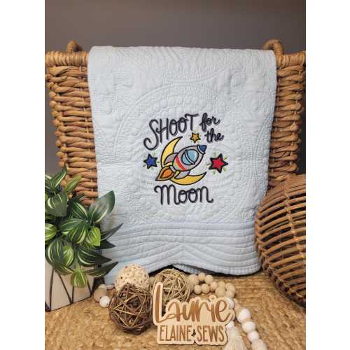 Embroidered Rocket Heirloom Baby Quilt: Space Nursery Shower Gift, 100% Cotton