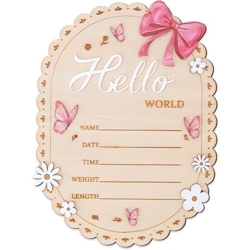 Hello World Wooden Baby Birth Announcement Sign, Pink Bow, Butterfly and Floral Design, 6.5 Inch (capsule)