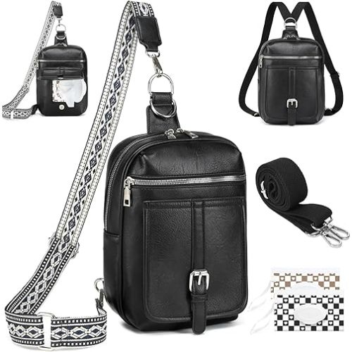 Sling Bag Crossbody Backpack - 2 in 1 Leather Cross Body Bag Fanny Pack with 2 Removable Straps