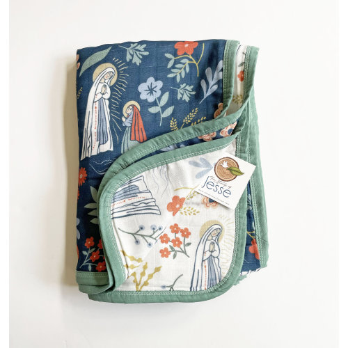 Our Lady of Lourdes St Bernadette Luxury Double Sided Muslin 8 Layer Quilt Catholic Baby Blanket Baptism Gift 47x47 Bamboo Navy Beige French