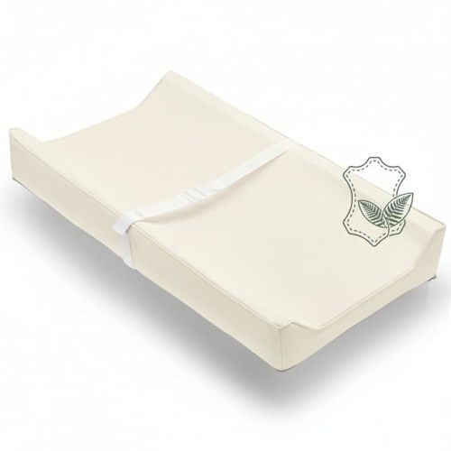 Ivory Vegan Leather Contoured Baby Changing Pad | Waterproof & Wipe-Clean PU Leather Diaper Change Mat, Soft, Wipeable Cover, Safety Strap, Non-Slip Bottom, Topper for Standard Infant Diaper Table & Dresser