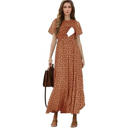 CzzzyL Womens Nursing Dress Summer Floral Print Short Flutter Sleeve Crew Neck Smocked High Waist Flowy Maxi with Pockets