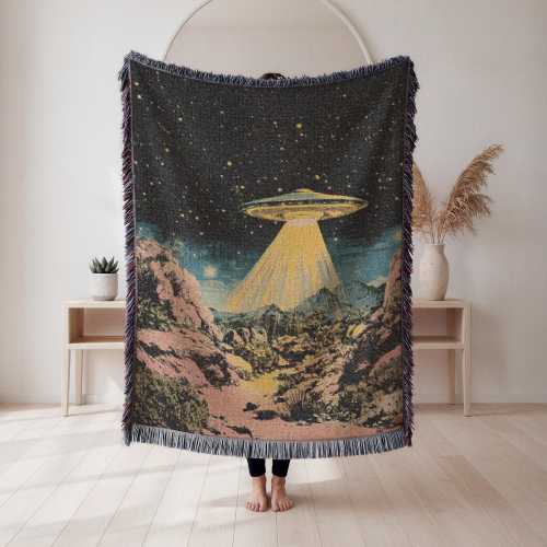 UFO Invasion Woven Blanket, Vintage Sci-Fi Western Tapestry, Retro Alien Abduction Throw, Chaotic Bohemian Decor, Desert Space Art Gift
