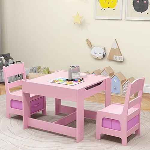Costzon Kids Table and Chair Set, 3 in 1 Wooden Activity Table for Toddlers Arts, Crafts, Drawing, Reading, Playroom, Toddler Table and Chair Set w/ 2 in 1 Tabletop, Storage Space, Gift for Boy & Girl