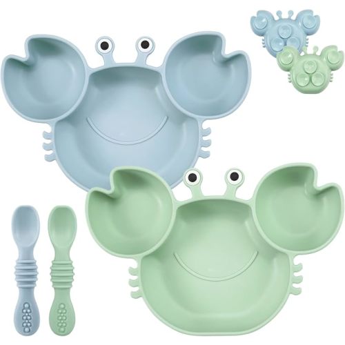 PandaEar 2 Pack Silicone Suction Plate for Baby, Divided Unbreakable Toddler Food Plate with 2 Pack Spoons for Self Feeding, Toddler Utensils Feeding Set Baby Eating Supplies, Crab Shape -Blue&Green